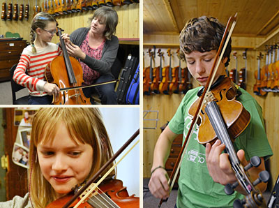 Staff members helping young customers